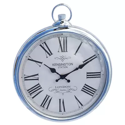 Wall Clock Hanging Kensington Design Pocket Watch Roman Numerals Silver • £43.99