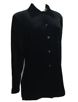 Vintage 1980s Baranda Black Stretch Velvet Button Up Blouse Tunic Made In Canada • $13.99
