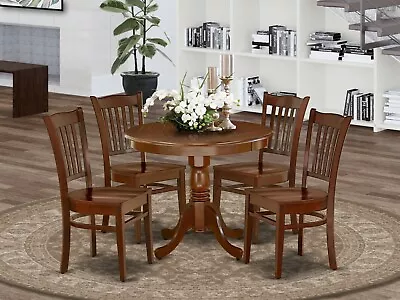 5pc Antique Dinette Set Round Pedestal Kitchen Table With 4 Wood Chairs Mahogany • $550