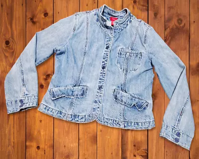 Mossimo Denim Jacket Womens XL Cropped Long Sleeve Stone Wash Flap Pockets VTG • $16