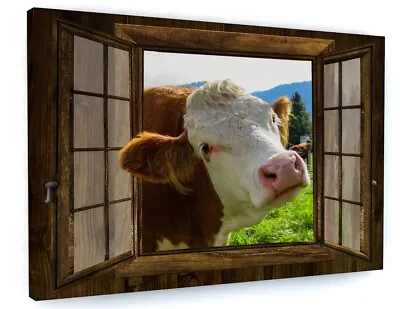 Window 3d Effect Cow Animal Scene Canvas Picture Print Wall Art  • £19.88