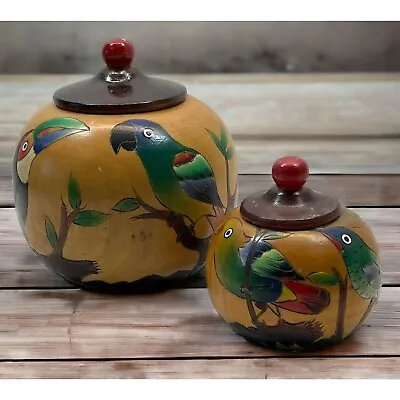 Tropical Birds Wooden Trinket Jar Box Set Toucan Parrots Lidded Vintage • $26.98