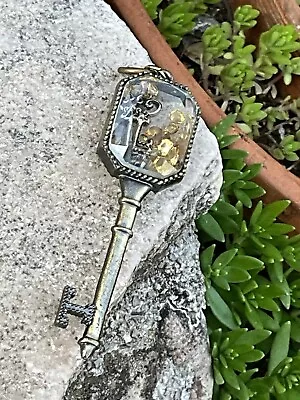 Vintage Gold Tone Skeleton Key Glass Top With Crystals Pendant Jewelry  • $19.87