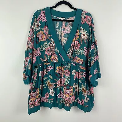 Maurices Teal Blue Floral Bell Sleeve Blouse Size 1X V Neck 3/4 Sleeves • $15.95