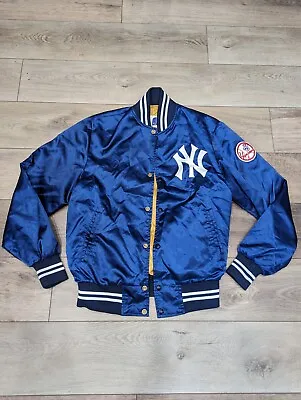 Vintage 90s Mens New York Yankees Starter MLB Satin Bomber Jacket Blue • $144.64