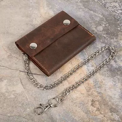 Mens Leather Biker Wallet Trifold Motorcycle Safetychain Genuine Brown Chain New • £19.99