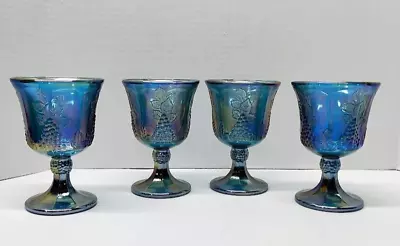 Set Of 4 Vintage Indiana Glass Harvest Carnival Blue Water Goblets Grapes 1970's • $29.99