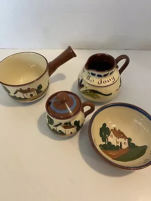 Motto Ware Pottery 4 Piece Set Bowl Sugar Dish Creamer Sauce Pan Vintage • $18