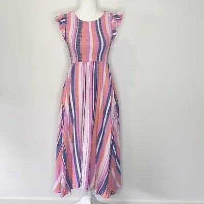 Mister Zimi Size 6 Stripe Cap Frill Sleeve Shirred Bodice Midi Dress • $89.99