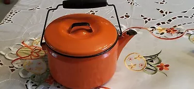 Vintage MCM Orange Black Baked Enamelware Tea Pot Kettle Mod Kitchen • $14.99