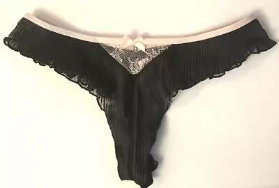 Victorias Secret Dream Angels Black Plisse Ruffle Thong Panty Size S Pink Trim • $24.23