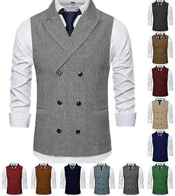 Mens Groom Waistcoat Double-Breasted Tweed Vintage Retro Formal Business Vests • $41.79