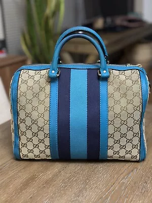 Gucci Vintage Web Boston GG Canvas Stripe Handbag Turquoise Medium Tote Bag • $700