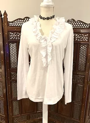 CAbi LARGE WHITE RUFFLE V NECK TOP SLUB LONG SLEEVE FEMININE BOHO CASUAL SUMMER • $19.95