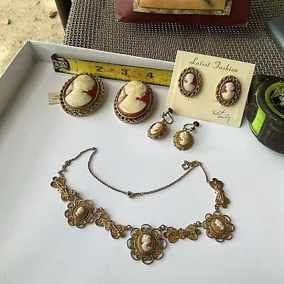 Vintage Victorian Cameo Brooches Necklace Earrings  Women Lot (900)yellow Silver • $56