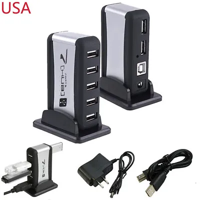 New 7-port Jack USB 2.0 High Speed HUB + AC Power Adapter Black + USB Cable USA • $11.90