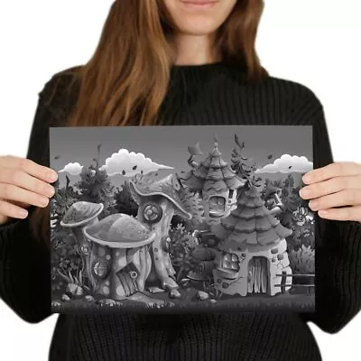 A4 BW - Mushroom Fantasy Land House Cartoon Poster 29.7X21cm280gsm #37819 • £3.99