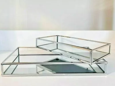 £14.99 • Buy Set Of 2 Rectangle Silver Mirror Trays Vanity Perfume Makeup Candle Tray Plate