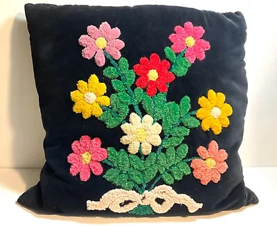 Vintage Crewel Embroidered Velvet Pillow Satin Back Bow And Flowers • $40