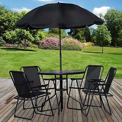 6pc Garden Furniture Set Dining Table 4 Chairs Seats & Parasol Patio Deck Black • £99.99