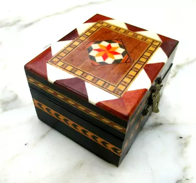 Vintage Inlaid Wood Trinket Jewelry Marquetry Box Folk Art India • $22