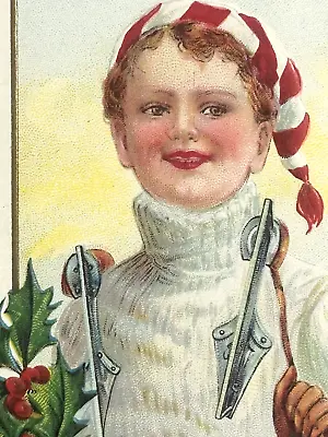 Christmas Postcard Stecher Series 241  Boy White Sweater Ice Skates Stocking Hat • $12.09