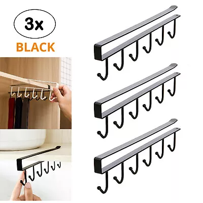 3X Kitchen 6 Hooks Mug Cup Holder Under Shelf Hanger Cupboard Storage Rack Black • $17.95