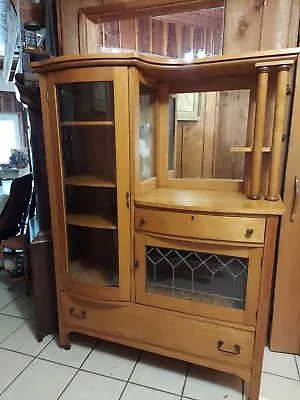 Antique Solid Maple Buffet China Hutch Sideboard Leaded Glass • $1200