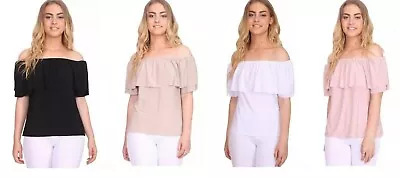 Ladies Womens Short Sleeve Ruffle Frill Bardot Off The Shoulder Shirt Blouse Top • £9.95