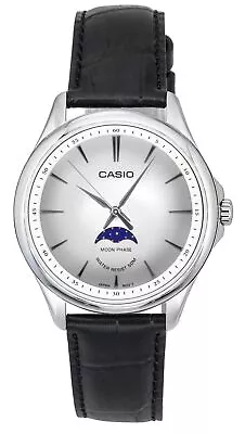 Casio Analog Moon Phase Leather Strap Silver Dial Quartz MTPM100L7A Mens Watch • £90.59