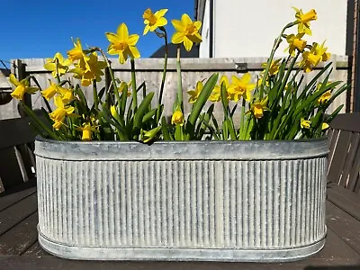 £42.99 • Buy Set Or 1 Galvanised Zinc Ribbed Metal Pots Planters |Round Garden Flower Troughs