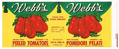 Original Tin Can Label Vintage 1940s Webbs Vienna Maryland Italian Tomatoes • $4.95