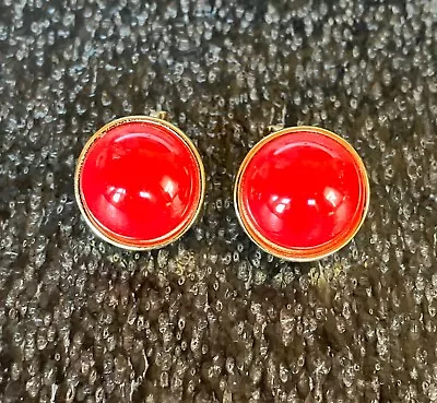 Vintage MONET Round Red Cabachon Gold Tone Clip On Earrings Signed • $11.99