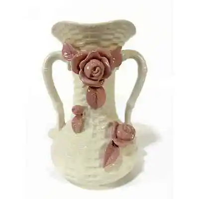 Moriyama Mori-Machi Vase White Basket Weave With Pink Roses Double Handle 7.5 In • $18.70