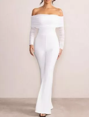 Stunning White Ruched Mesh Bardot Jumpsuit UK 12 - RRP £50.00-B8 • £5.99