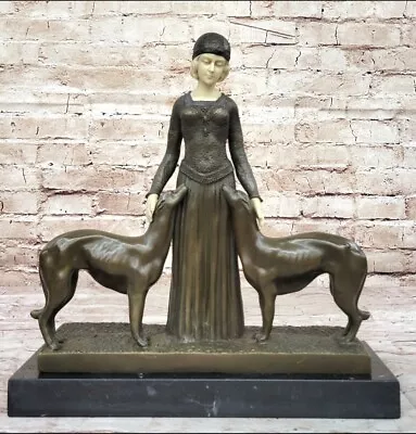 Signed D H Chiparus Bronze Statue Deco Girl W Dogs Sculpture Friends Forever • £480.93