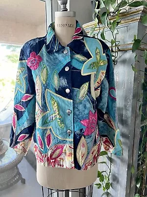 Vintage 90s Indigo Moon Jacket Embroidered Boho Hippie Denim Abstract Floral L • $29