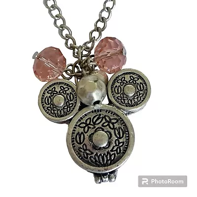 Disney Parks Mickey Mouse Locket Necklace Silver Tone Pink Beads 30  Chain  • $12.99