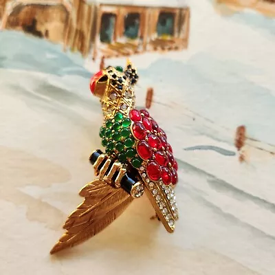 Vintage Signed Ciner Green Red Cabochon Glass Parrot Brooch • $218.50