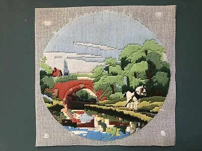 Vintage Finished  River Scene With Barge & Horse  Long Stitch Embroidery Panel. • £5.99