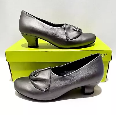 Hotter Donna Pewter Leather Court Shoes UK 5 EXF Wide Fit Boxed Kitten Heels • £27