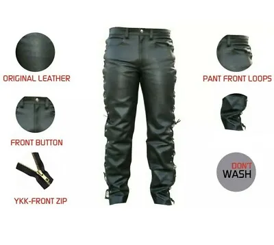 Men's Motorbike Cow Leather Jeans Style Side Laces Nightclub Pant • $67.23