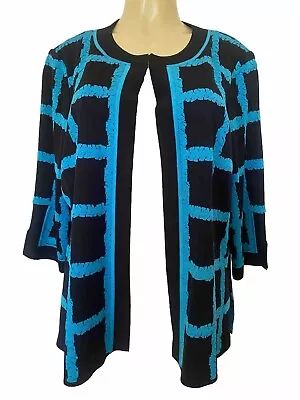 Ming Wang Black Blue Jacket Cardigan Sweater 3/4 Sleeve Knit Open Plaid Check XL • $99