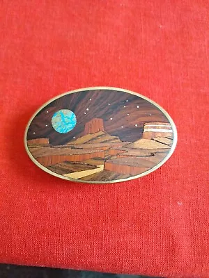 Belt BUCKLE Sky West ? Brass Wood Inlay Art Southwest Desert Awesome Turquoise  • $39