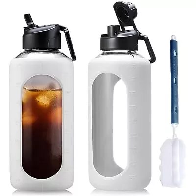 BLUEGO 64oz Glass Water Bottles With 2 Lids Half Gallon Water Bottle With Str... • $29.77