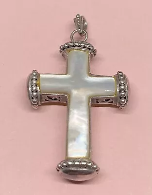 VINTAGE CFJ 925 STERLING SILVER Mother Of Pearl 2” CROSS PENDANT Artisan • $32