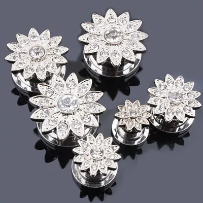 2X Flower Flesh Tunnel Screw Ear Plug Rhinestone Gauge Surgical Steel Piercing • $4.51