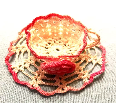 Mini Pink & White Crochet Teacup And Saucer Floral Vintage • $18