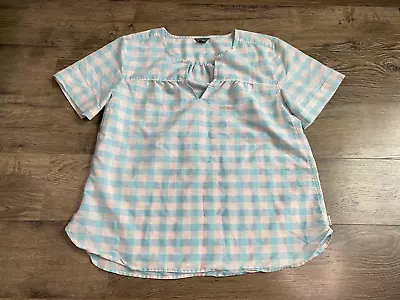 Womens Eddie Bauer Short Sleeve Checkered Blouse Blue Cotton Blend Size M • $14.99