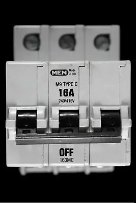 Mem 16 Amp Curve C M9 Triple Pole Mcb Circuit Breaker 163mc • £25.03